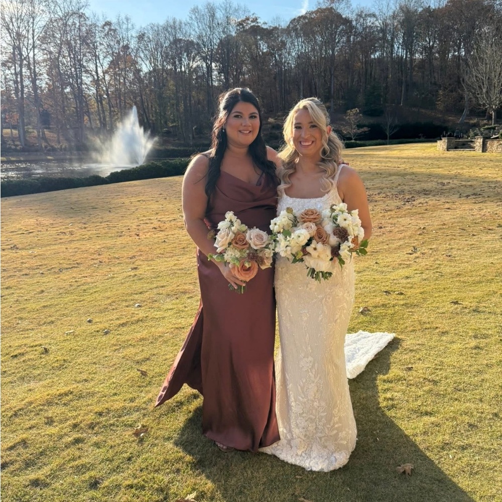 Revelry cinnamon rose bridesmaid dress Nadia satin